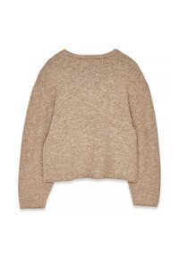 Beige stickad tröja med en kort design, breda ärmar och rundad halsringning. Strukturerad tyg med en mjuk yta.