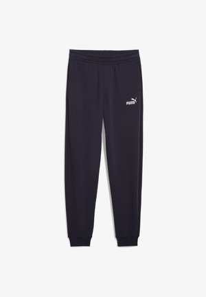 Temno modri jogger hlače iz mešanice bombaža, z elastičnim pasom, rebrastimi manšetami in belim PUMA logotipom na levem stegnu.
