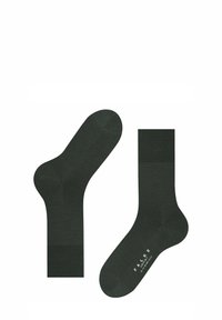 Dunkelgrüne Baumwollsocken mit einem gerippten Bündchen, glatter Textur und einer abgerundeten Zehenpartie, mit dem "FALKE"-Logo auf der Sohle bedruckt.