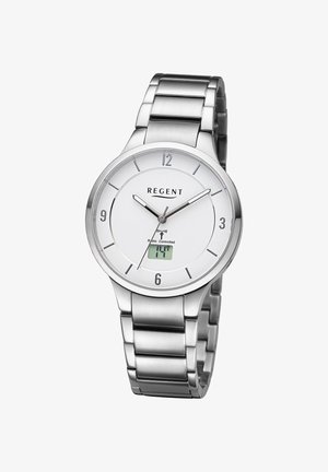 Silver metal analog wristwatch with white dial, black hour markers, digital date display at 6 o’clock, and "REGENT" branding below 12 o’clock.