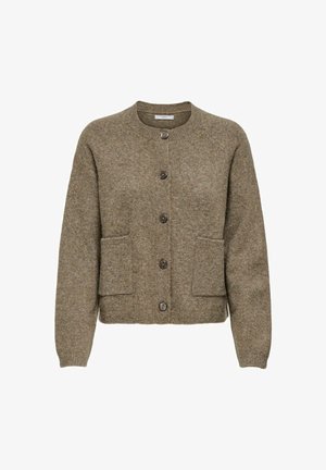 Brun uld cardigan med rund halsudskæring, frontlukning med knapper, to påsyede lommer og lange ærmer. Glat tekstur med en let cropped pasform.