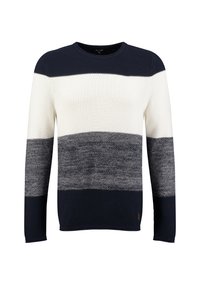 Maglione a righe navy, bianco e grigio in maglia con scollatura rotonda e maniche lunghe. Presenta un motivo testurizzato e polsini e orlo a coste.