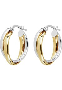 Orecchini ad anello vuoto con design intrecciato, alternando tra toni di argento lucido e oro. Chiusura a scatto sicura.