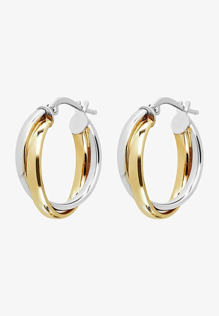 Orecchini ad anello vuoto con design intrecciato, alternando tra toni di argento lucido e oro. Chiusura a scatto sicura.