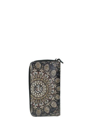 Portefeuille noir à fermeture éclair avec un motif mandala floral beige et blanc complexe et un dessin circulaire central.