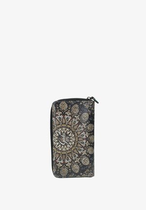 Portafoglio nero con cerniera con motivo mandala floreale beige e bianco intricato e design circolare centrale.