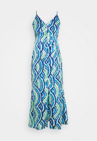 Robe à motif bleu et vert avec un décolleté en V, des bretelles spaghetti ajustables et des détails de boutons sur le devant, fabriquée en tissu léger.