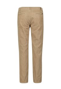 Beige Cord-Ripp-Hosen mit vertikalen Streifen, fünf Taschen und einem Reißverschluss. Der Stoff hat eine weiche, strukturierte Optik.