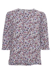 Floral blouse featuring a light blue background with purple, pink, and black flowers, round neckline, and three-quarter sleeves.