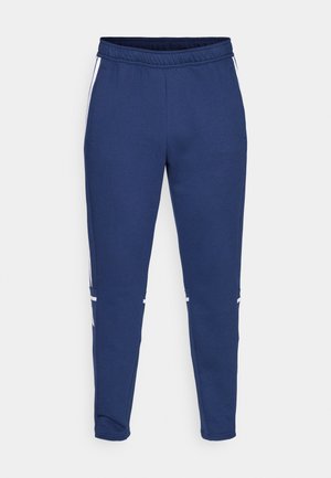 Calças de moletão azul marinho feitas de um tecido macio e elástico, com uma cintura ajustável por cordão e riscas brancas nas laterais para um detalhe adicional.