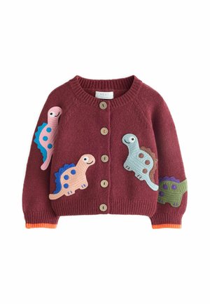 Bordeauxfarbener Kinderstrickjacke mit Holzknöpfen und bunten gestrickten Dinosaurier-Applikationen vorne und an den Ärmeln, orangefarbene Bündchen.