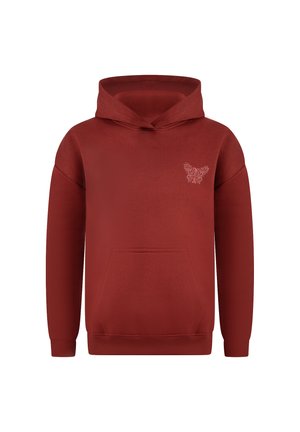 Rote Kapuzenjacke aus weichem Stoff, mit einer Fronttasche und einem kleinen dekorativen Muster auf der Brust. Gerippte Bündchen und Saum.