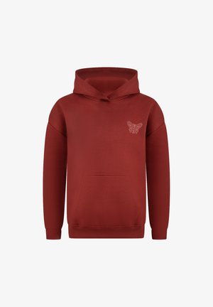 Rode hoodie gemaakt van zachte stof, met een voorzak en een klein decoratief patroon op de borst. Ribgebreide boorden en zoom.