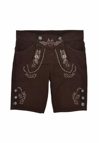 Braune Shorts mit gestickten Blumenmustern, ausgestattet mit zwei Fronttaschen und dekorativen Knöpfen an der Seite. Aus strapazierfähigem Stoff gefertigt.