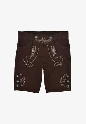Brown shorts with embroidered floral patterns, featuring two front pockets and decorative buttons on the side. Made of durable fabric.