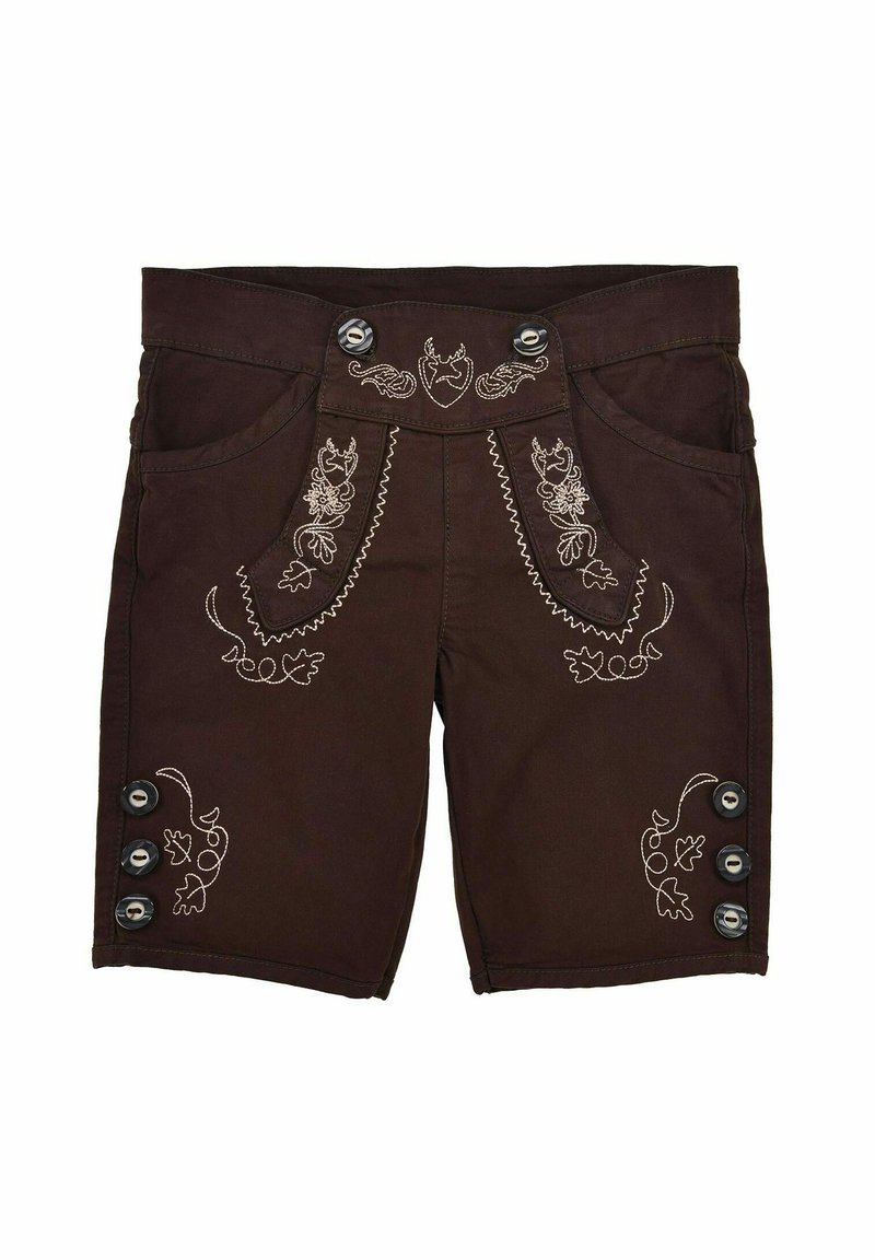 Braune Shorts mit gestickten Blumenmustern, ausgestattet mit zwei Fronttaschen und dekorativen Knöpfen an der Seite. Aus strapazierfähigem Stoff gefertigt.