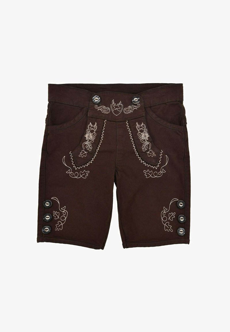 Braune Shorts mit gestickten Blumenmustern, ausgestattet mit zwei Fronttaschen und dekorativen Knöpfen an der Seite. Aus strapazierfähigem Stoff gefertigt.