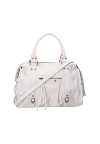 Borsa in finta pelle bianca con doppi manici, tracolla removibile, diversi scomparti con zip e dettagli in hardware color oro.