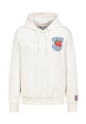 White hoodie featuring a front pocket, drawstring hood, embroidered "STRAW BERRY" text, and a strawberry graphic. Ribbed cuffs and hem.