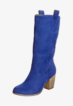 Stivali al ginocchio in camoscio di un blu vivace, con un tacco in legno spesso, una texture liscia e linguette laterali per una facile vestibilità.