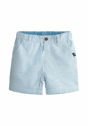 Lichtblauwe en witte korte broek voor peuters met verticale strepen, voorzakken, knoopsluiting en een klein zwart merkje aan de zijkant.