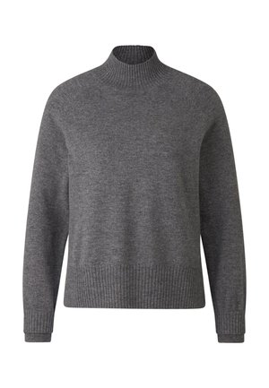 Grauer, langärmeliger Strickpullover mit hochgeripptem Kragen sowie gerippten Bündchen und Saum, vor einem schlichten weißen Hintergrund präsentiert.