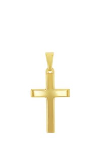 Colgante de cruz pulido en oro con un lazo rectangular para el ajuste del collar, exhibido sobre un fondo blanco.