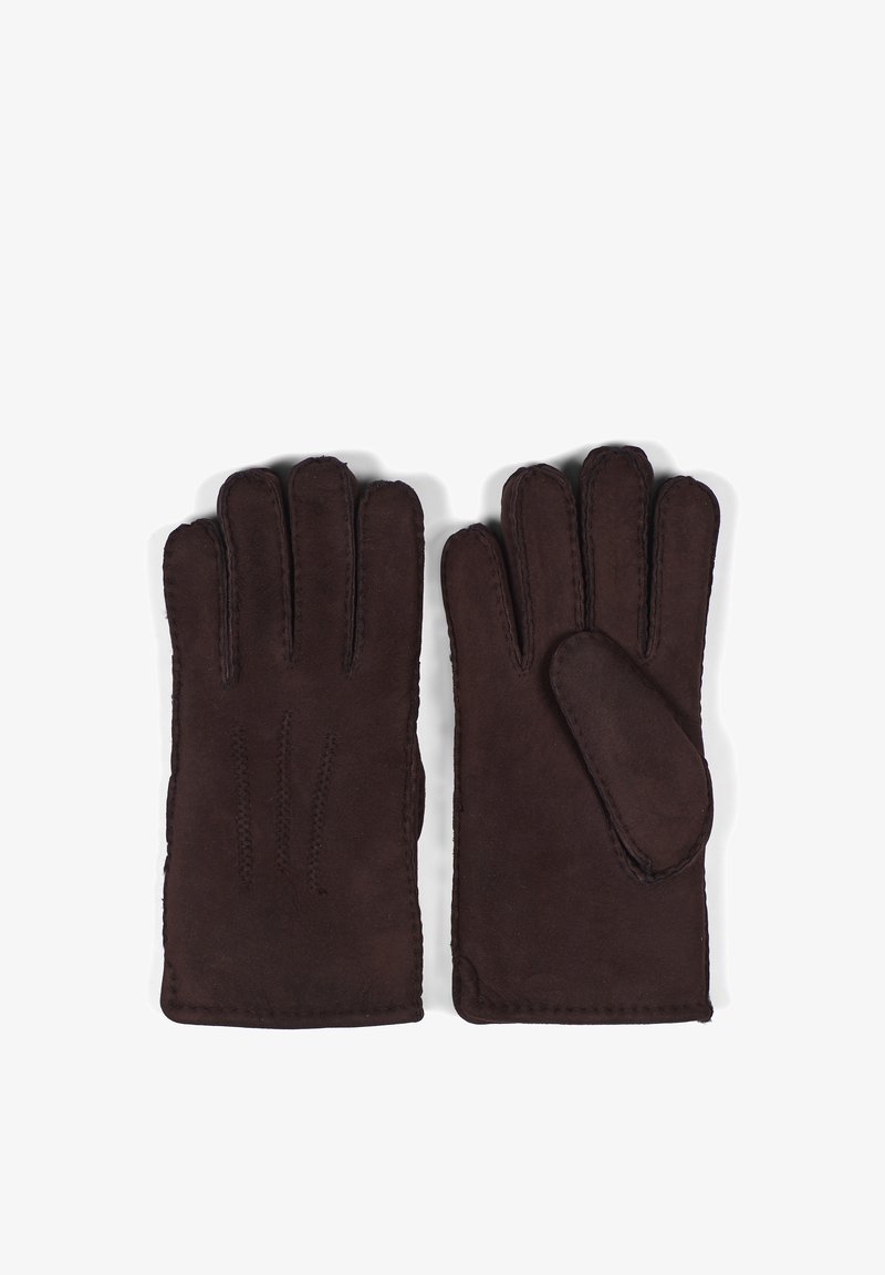 Hnědé semišové rukavice s jemnou texturou, přičemž jedna rukavice má tři vertikální švy a druhá kulatý akcent.