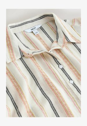 Cămașă cu nasturi, cu bază crem, având dungi orizontale multicolore în roz, galben și negru. Include nasturi albi și un guler.