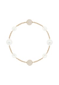 Bracelet doré orné d'une alternance de perles blanches et d'un élément central rond incrusté de cristaux ; chaîne délicate avec une finition texturée.