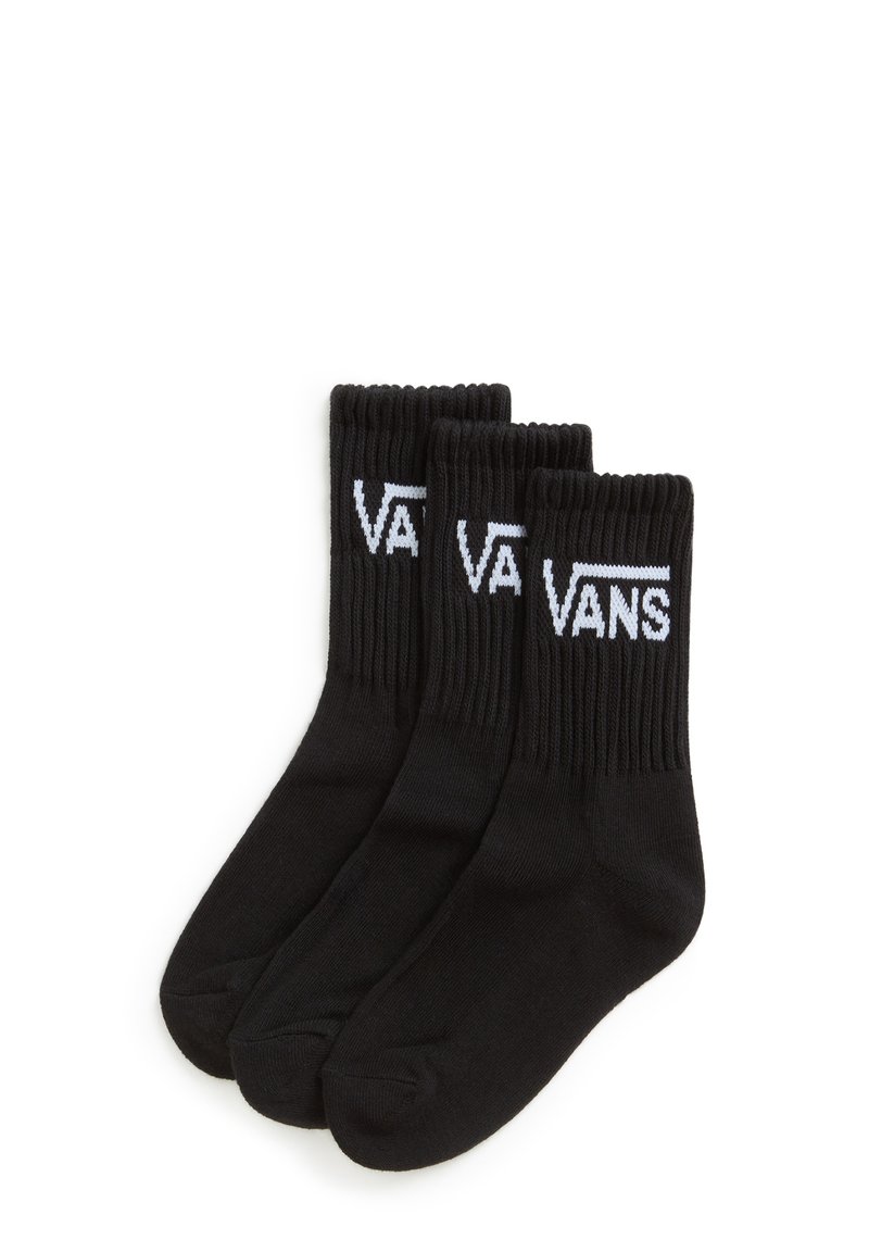 Sorte bomuldsstrømper med ribbede toppe, med hvid "VANS" logo på hver strømpe. Pakken indeholder tre par. Glat tekstur, standard længde.