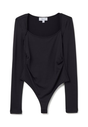 Body nero a maniche lunghe con scollatura quadrata, cuciture laterali arricciate e aperture alte sulle gambe, realizzato in tessuto morbido ed elasticizzato.