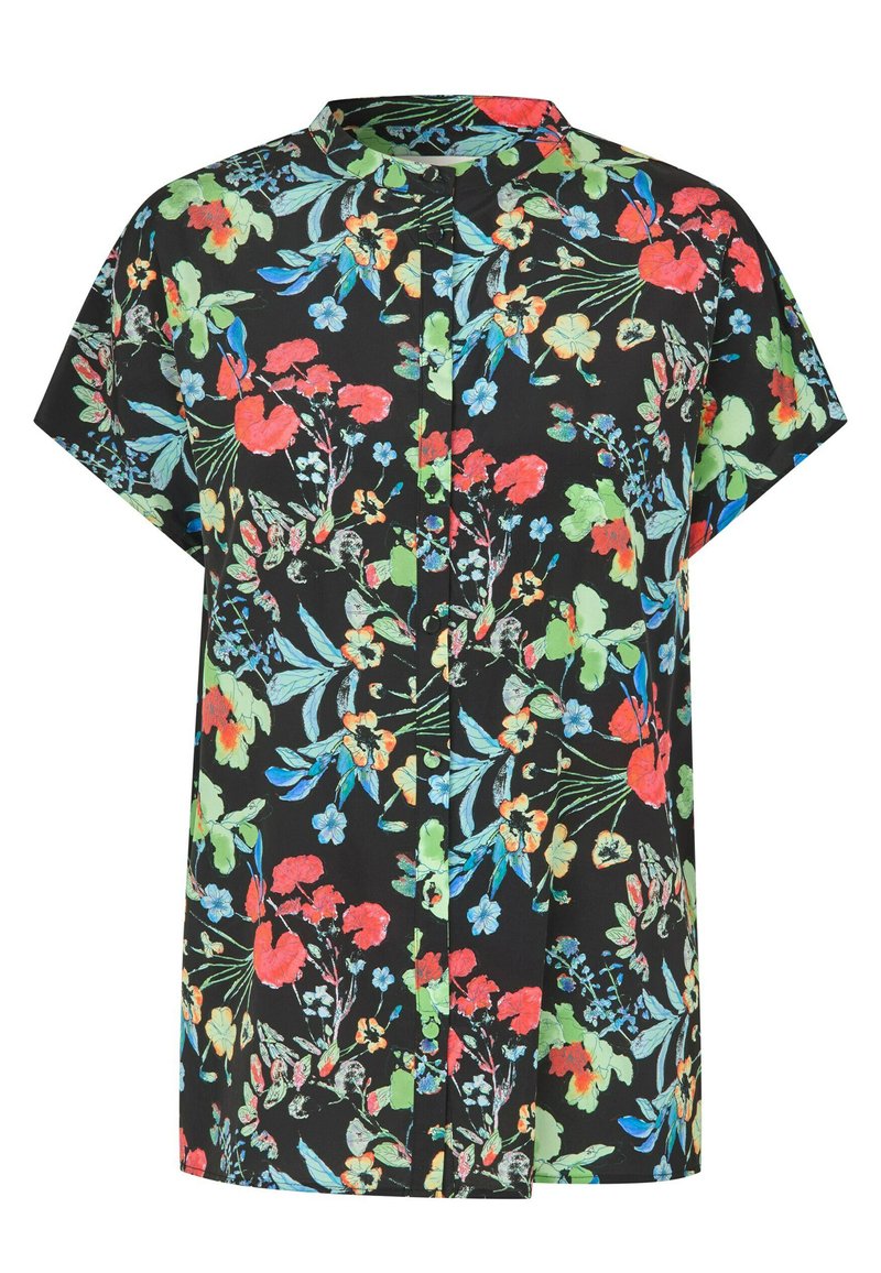 Mustasta kankaasta valmistettu lyhythihainen pusero, jossa on värikäs kukkakuviointi punaisten, vihreiden ja sinisten sävyjen kera. Edessä napitus ja rento istuvuus.