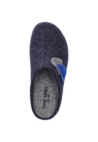 Dark navy felt slipper featuring a grey and blue accent. Inside is light grey with a brand label. Rounded toe and open back design.