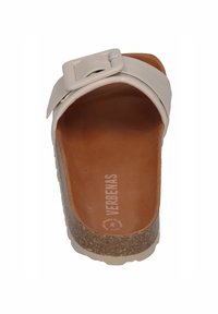 Light beige slide sandal with a wide strap, featuring a square buckle and cork sole. Brown insole marked "VERBENAS." Flat design and smooth texture.