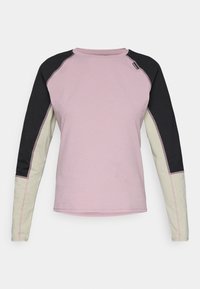 Langermet T-skjorte med en lys rosa kropp, svarte skulderpaneler og beige nedre ermer med kontraststing. Laget av bomull.