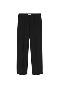 Pantalon noir droit en tissu lisse, présentant deux plis à l'avant et une taille. Aucune poche visible ni embellissements.
