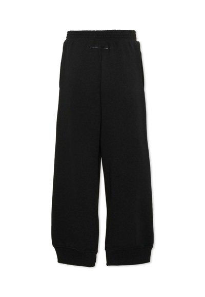 Pantalon de jogging noir à taille élastique avec poignets côtelés et poches latérales, conçu pour un usage décontracté ou sportif.