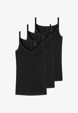 Trois débardeurs noirs pour femmes avec fines bretelles et col en V, disposés en chevauchement sur un fond blanc.