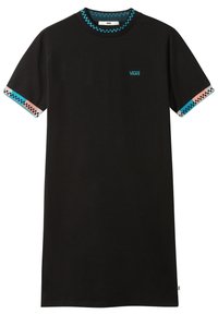 Black t-shirt with short sleeves. Features a contrasting checkered pattern on collar and cuffs in blue, pink, and gray. Brand logo displayed.