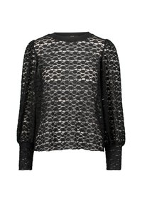 Fekete csipkeblúz, amely kerek nyakkivágással, hosszú puffadt ujjakkal és texturált mintával rendelkezik. Szilárd fekete mandzsetta részlettel egészül ki.