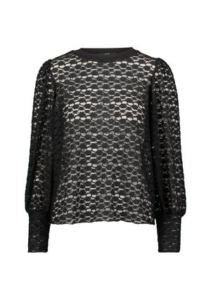 Czarna koronkowa bluzka z okrągłym dekoltem, długimi bufiastymi rękawami i teksturowanym wzorem. Zawiera gładki czarny mankiet.