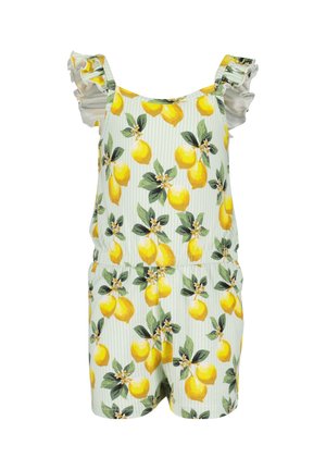 Romper met citroenpatroon, voorzien van ruches op de schouderbanden, een rekbare tailleband en een lichtgroene gestreepte achtergrond.