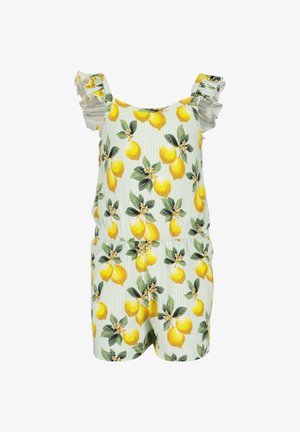 Tutina con motivo di limoni, caratterizzata da spalline arricciate, vita elasticizzata e uno sfondo a strisce verde chiaro.