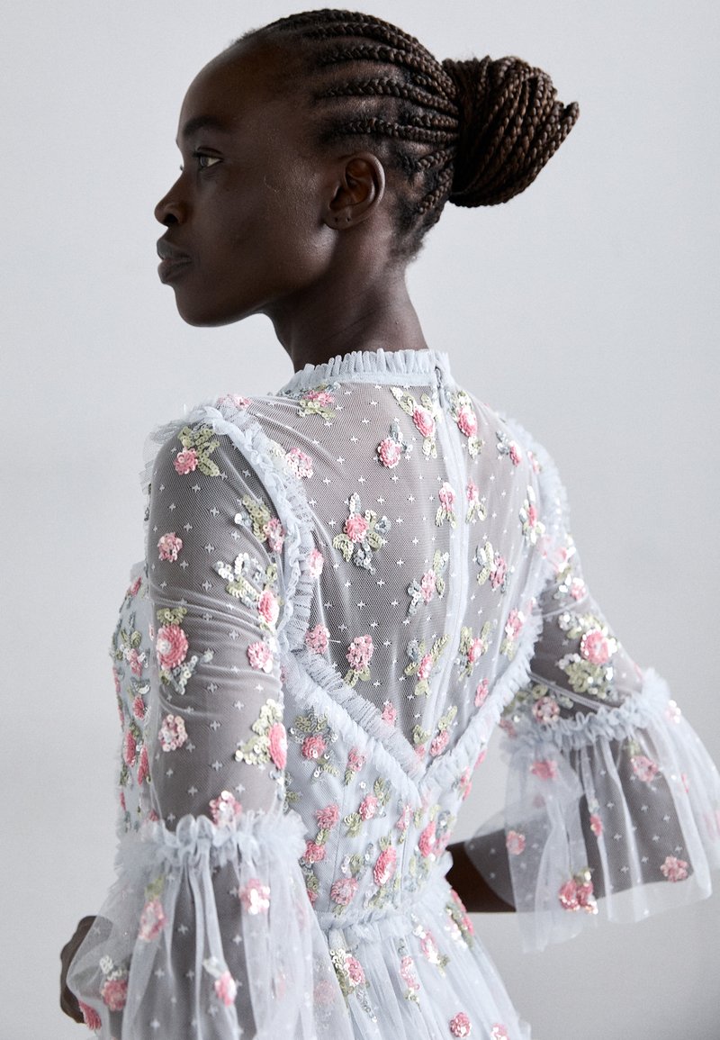 shimmer ditsy long sleeve dress Shimmer Ditsy Needle And Thread Long Sleeve Shimmer Wave Ankle Gown: Pretty  In Pink For Summer