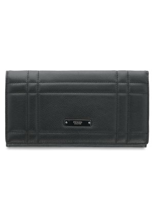 Black leather wallet with quilted design, featuring a silver logo plate and a sleek rectangular shape. Smooth texture and clean lines.