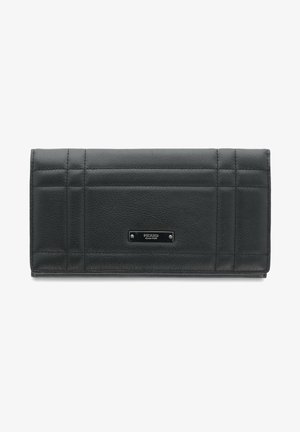 Black leather wallet with quilted design, featuring a silver logo plate and a sleek rectangular shape. Smooth texture and clean lines.