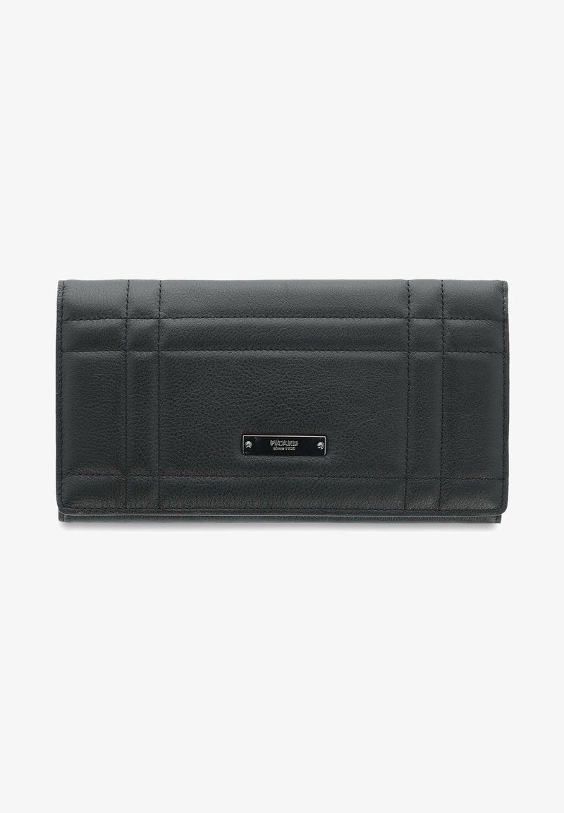 Black leather wallet with quilted design, featuring a silver logo plate and a sleek rectangular shape. Smooth texture and clean lines.