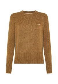 Maglione a girocollo a maniche lunghe in una ricca tonalità di marrone. Lavorazione a maglia testurizzata con orlo e polsini a costine. Dettaglio del piccolo logo sul petto.