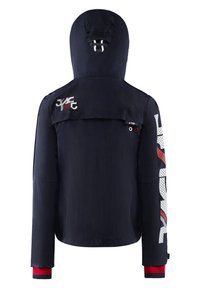 Mörkblå jacka med huva, med röda och vita mönstrade detaljer på ärmarna. Inkluderar broderad logotyp och justerbara muddar.